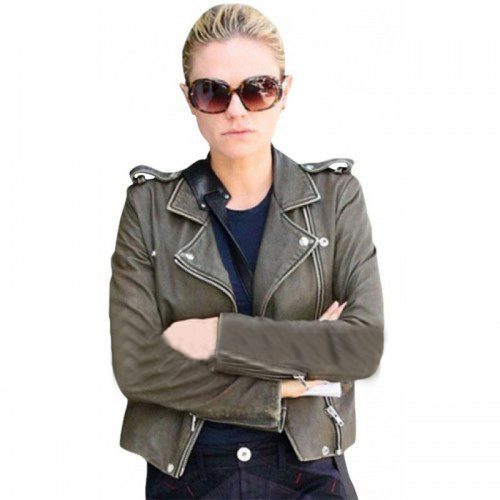 Women's Biker Costumes Anna Paquin Olive Green Short Leather Jacket