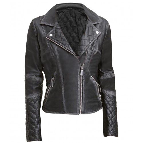 Womens Quilted Design Slim Fit Motorcycle Black Leather Jacket