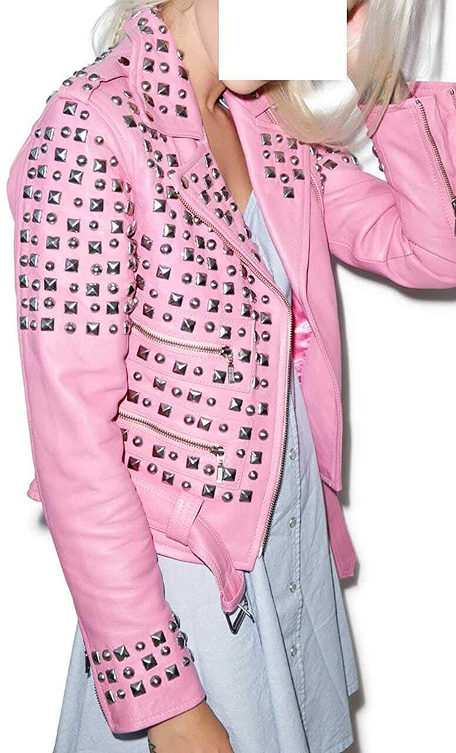 Women's Pink Spikes Leather Jacket Brando Studded Punk Rock Motorcycle Ladies Jacket