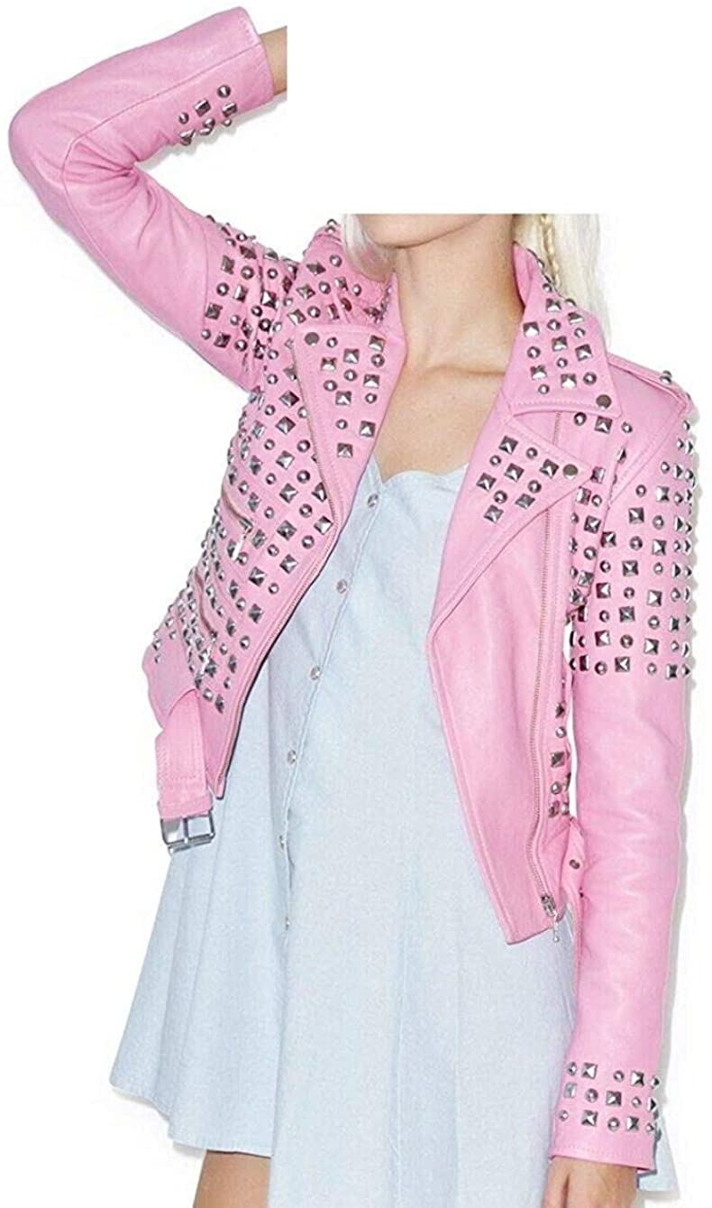 Women's Pink Spikes Leather Jacket Brando Studded Punk Rock Motorcycle Ladies Jacket