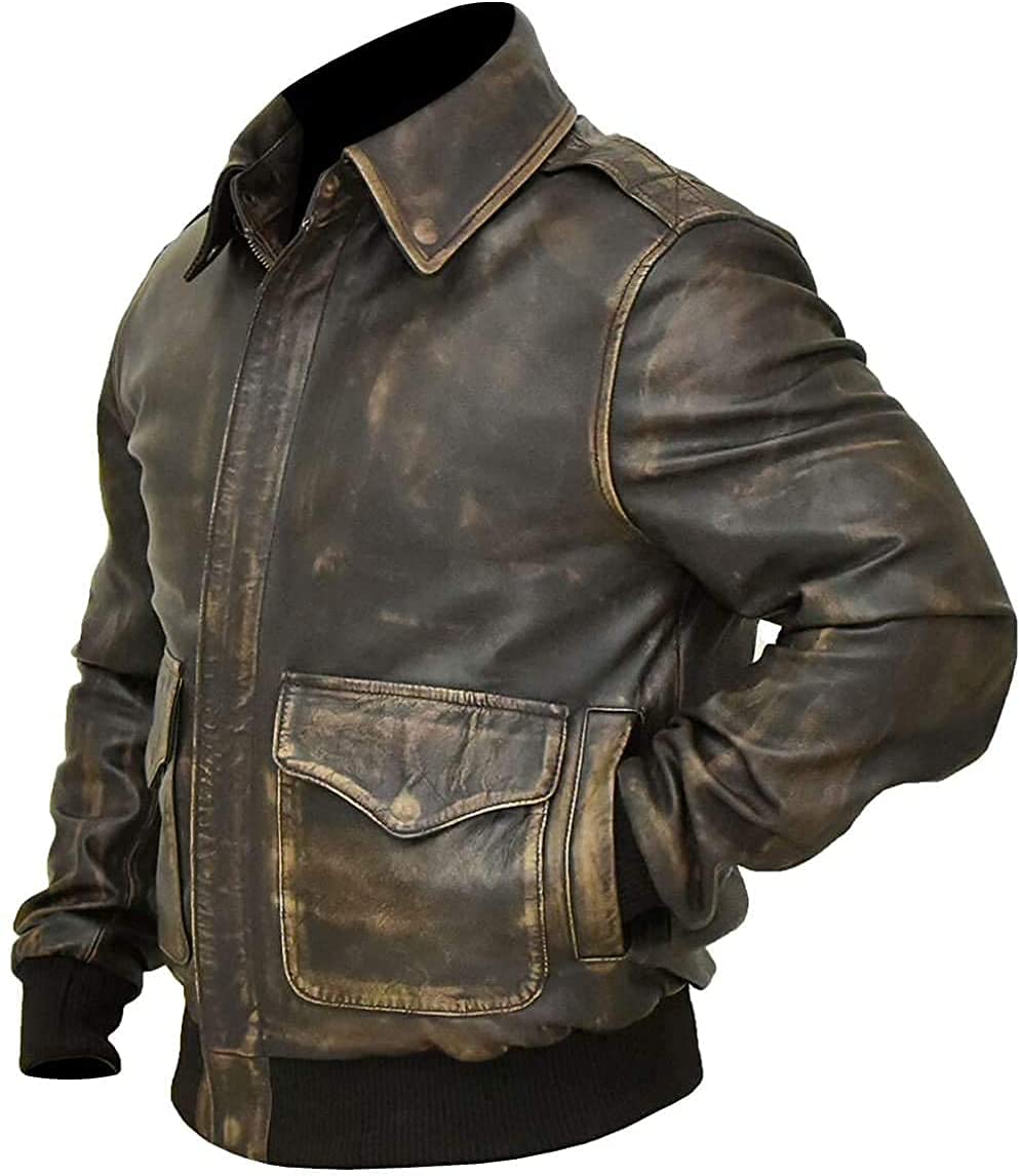 A2 Distressed Aviator Bomber Brown Leather Jacket