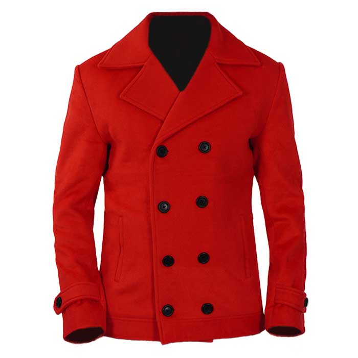 Double Breasted Red Pea Coat Men