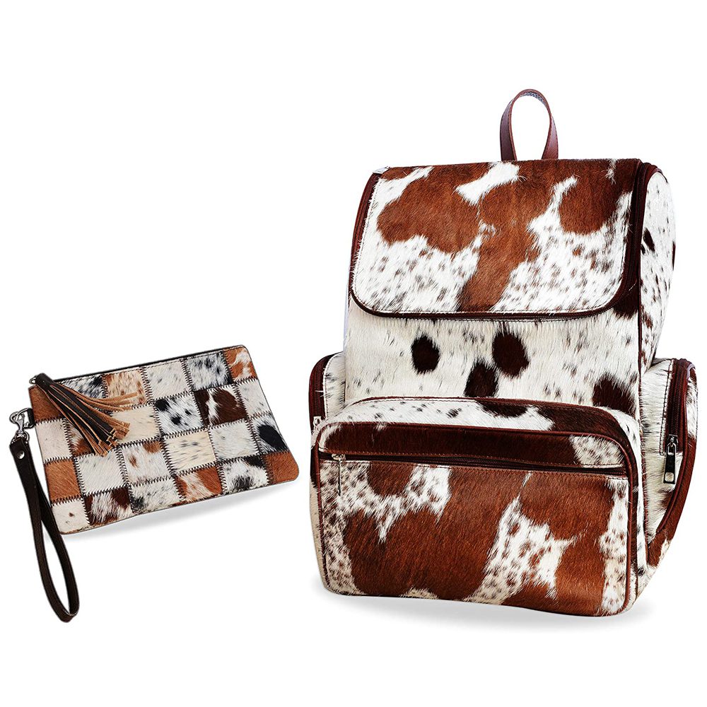 Cowhide Hair Leather Backpack Brown and White Pony Fur Rucksack/Knapsack Travel Shoulder Bag (Backpack)