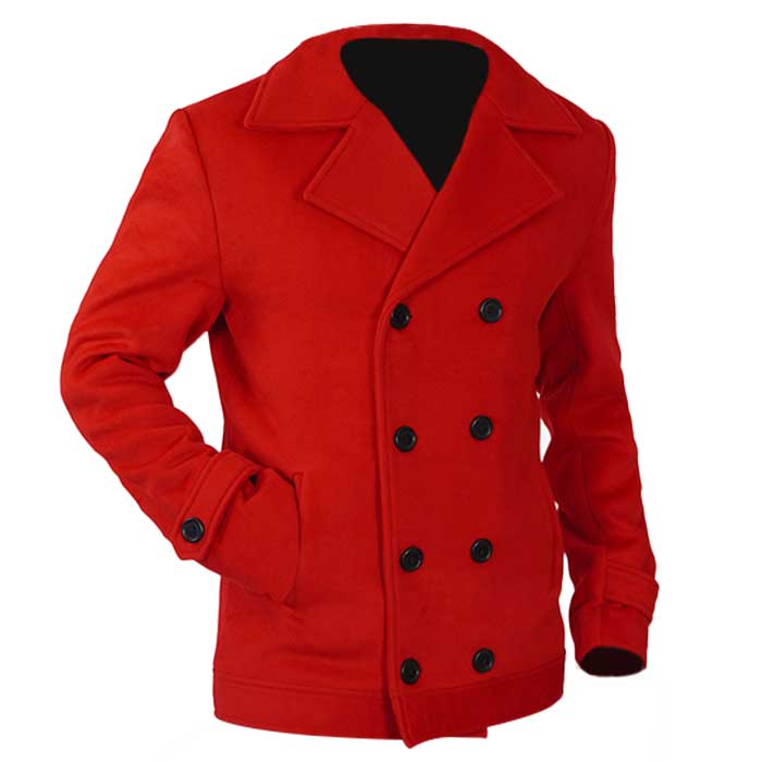 Double Breasted Red Pea Coat Men