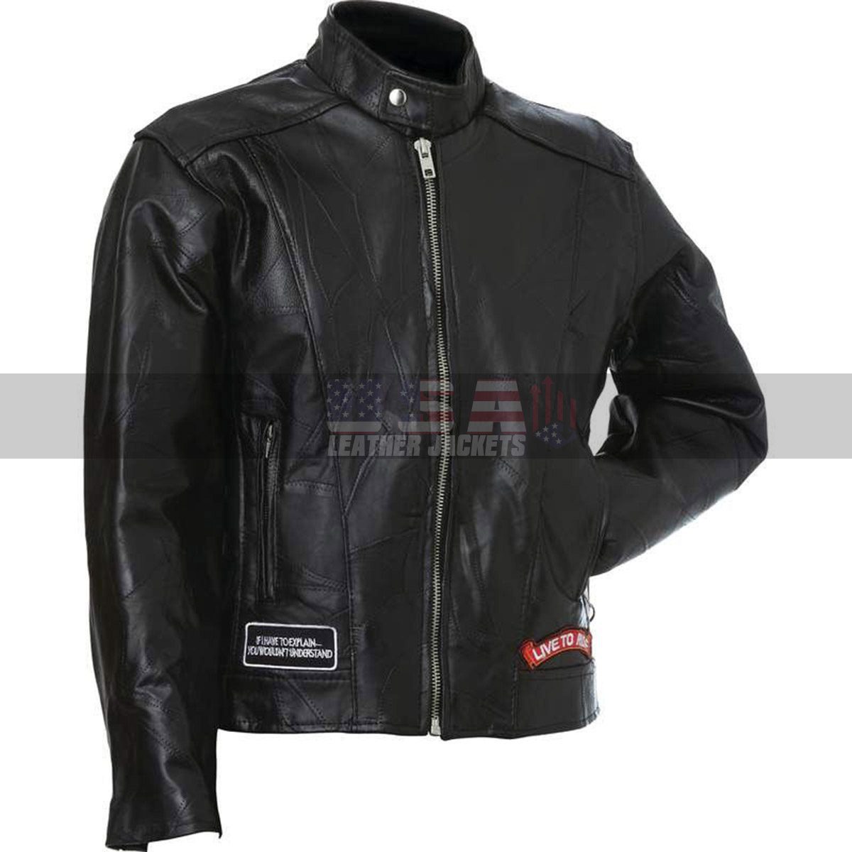 American Eagle Logo Live to Ride Motorcycle Rider Black Leather Jacket