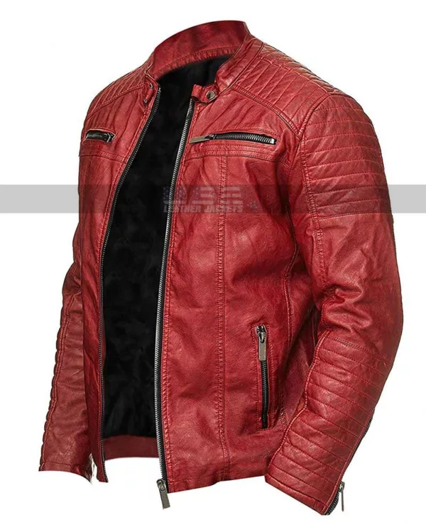 Vintage Cafe Racer Retro Biker Quilted Red Leather Jacket 