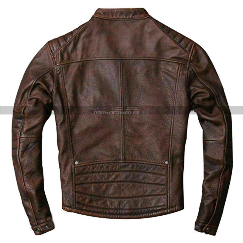 Men's Vintage Motorcycle Cafe Racer Quilted Biker Distressed Brown Leather Jacket