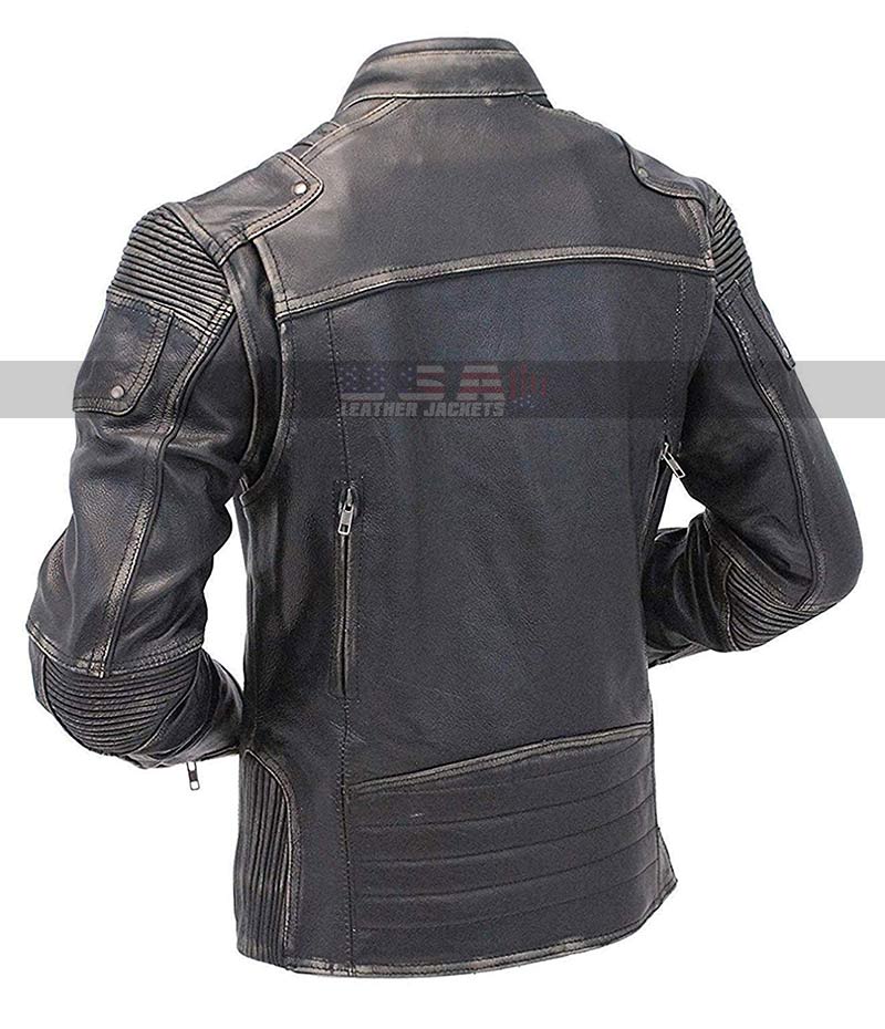 Mens Motorcycle Cafe Racer Biker Vintage ( Distressed Zipper ) Black Leather Jacket