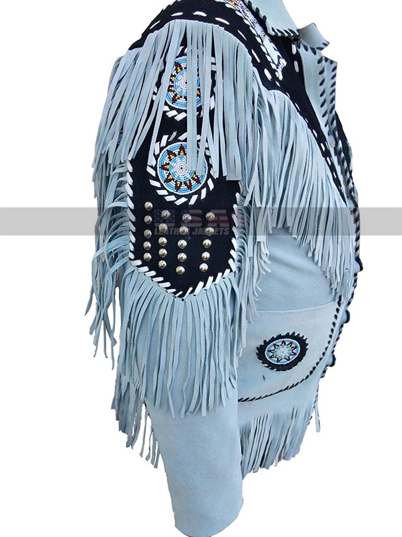 Native American Men's Western Cowboy Sky Blue Fringes Suede Leather Jacket