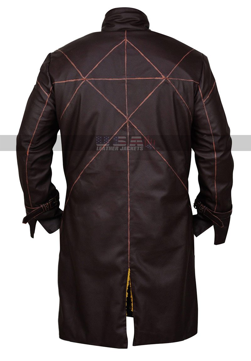 Watch Dogs Aiden Pearce Costume Coat Fur Collar Mens Brown Leather Trench Coat