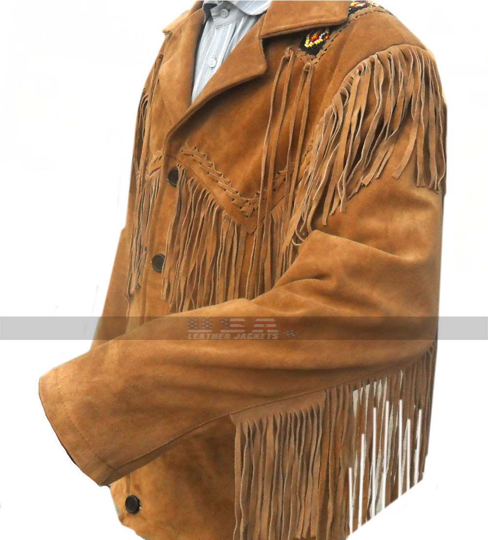 Men Western Cowboy Fringes & Beads Light Brown Suede Jacket  