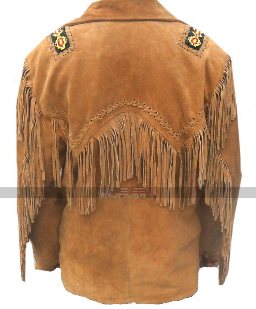 Men Western Cowboy Fringes & Beads Light Brown Suede Jacket  