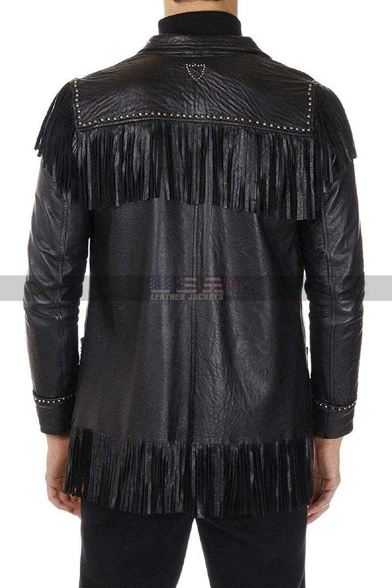 Native American Fringes Beads Western Black Cowboy Leather Jacket 