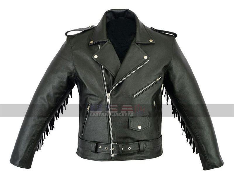 Mens Classic Vintage Brando Black Biker Fringes Leather Jacket