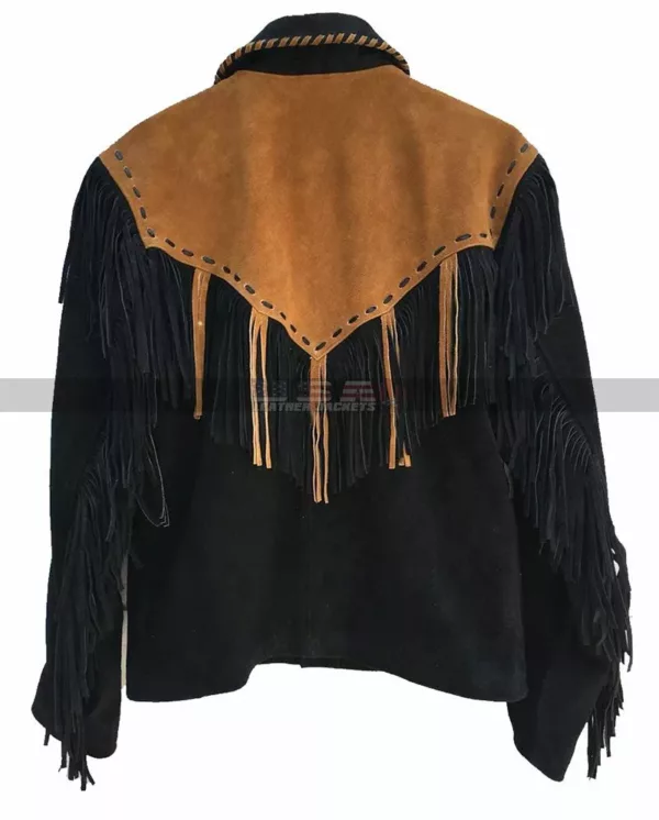 Native American Mens Cowboy Black Fringe Beads Jacket