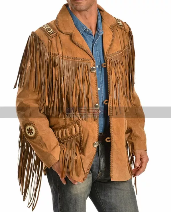 Men Cowboy Beads Fringe Western Brown Suede Jacket