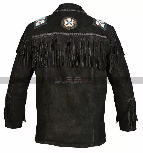 Men Native American Eagle Beads Western Fringes Suede Jacket
