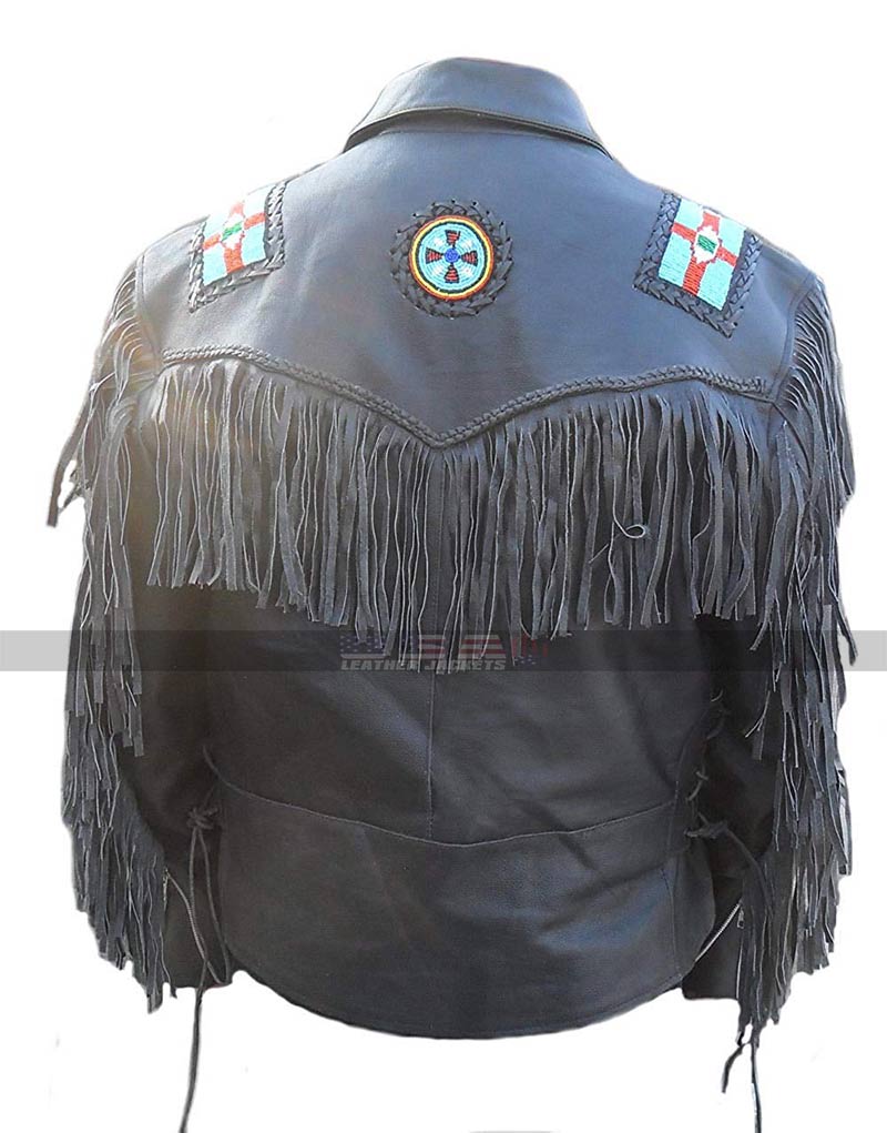 Western Cowboy Beads Fringes Black Biker Leather Jacket