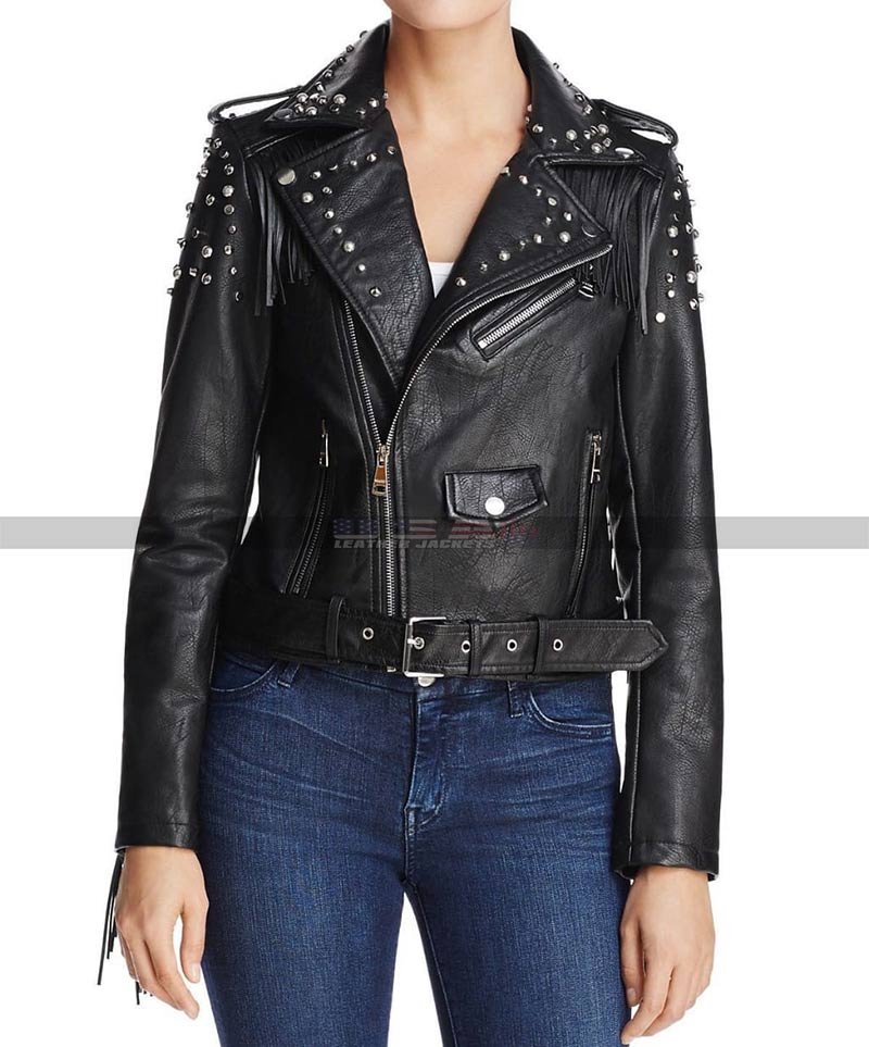 Women Punk Style black studded Biker leather jacket