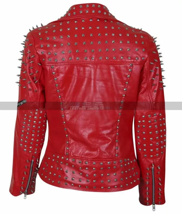 Women Tree Cone Black Spike Red Studded Biker Leather Jacket 