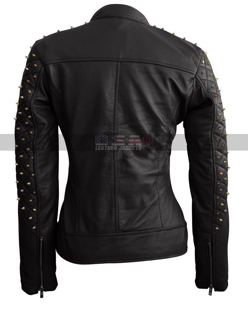 Women Skull & Golden Spike Studded Black Leather Jacket