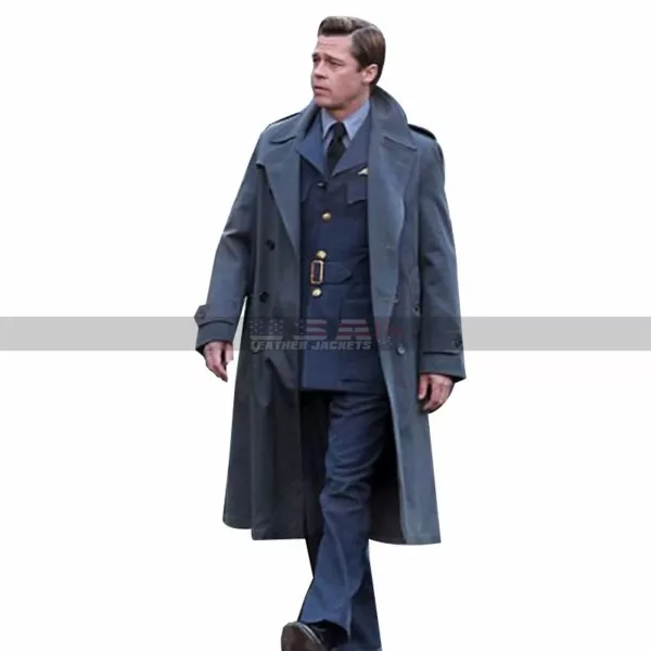 Allied Movie Costume Brad Pitt Grey Wool Trench Coat