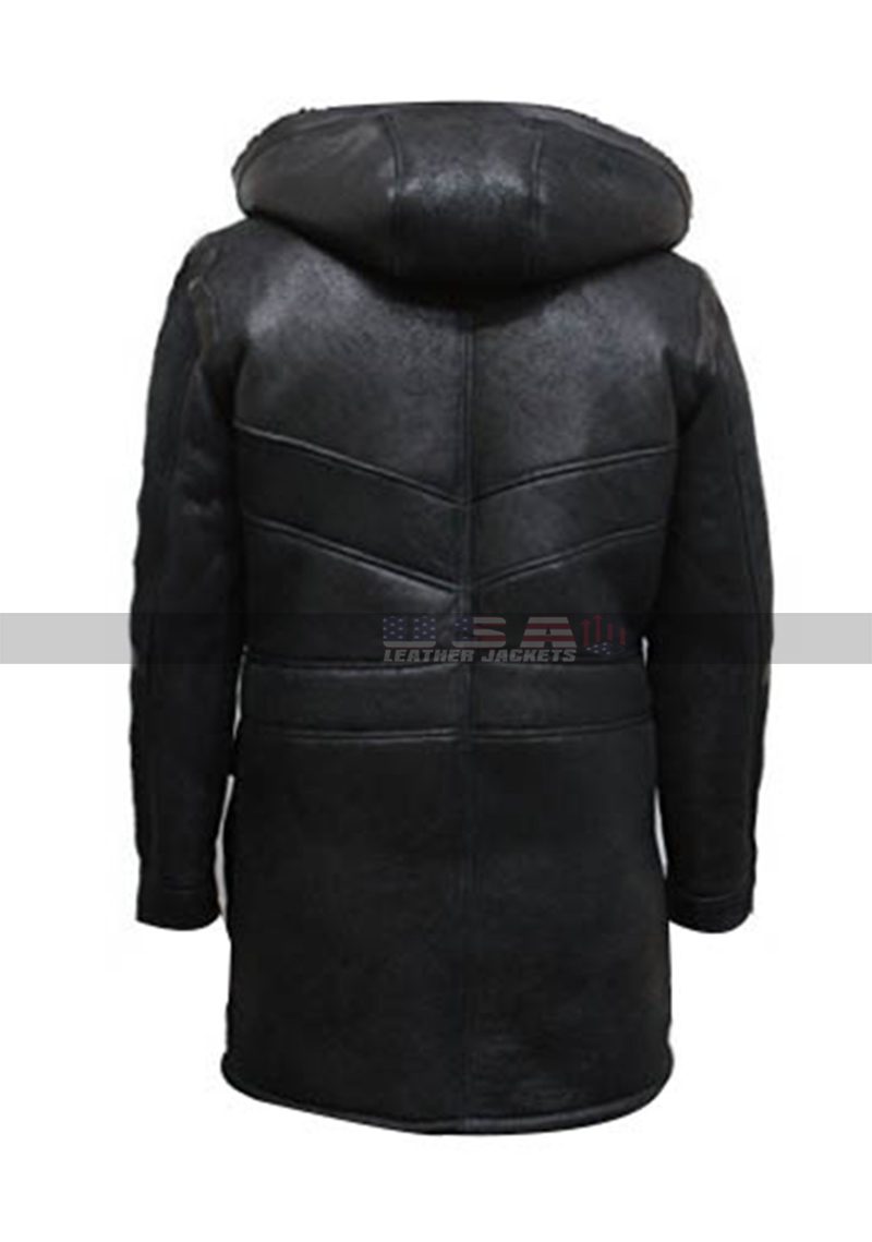 Mens Vintage Long Fur Hooded Black Shearling Sheepskin Leather Warm Duffle Trench Coat
