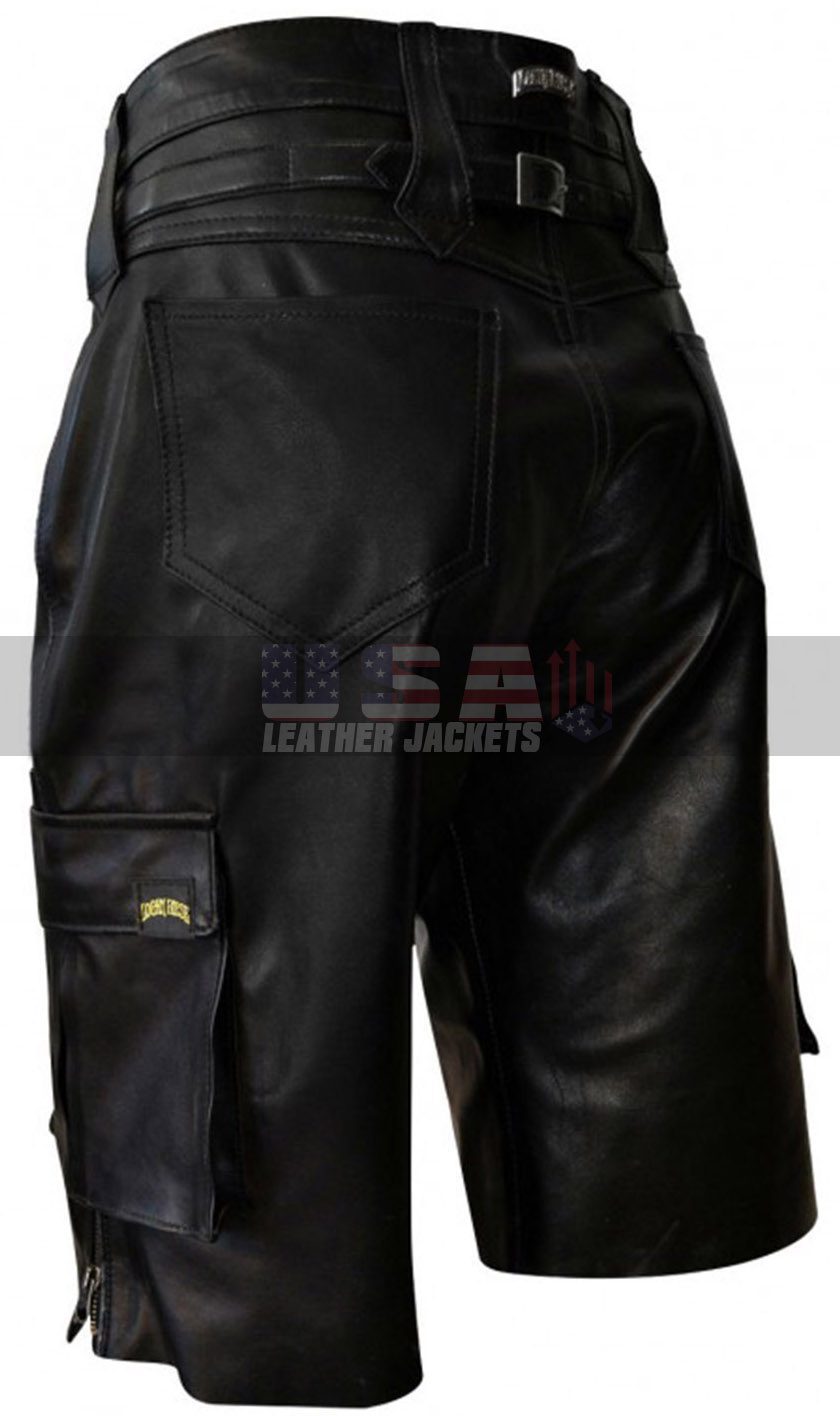 Men Multi Pockets Black Leather Shorts