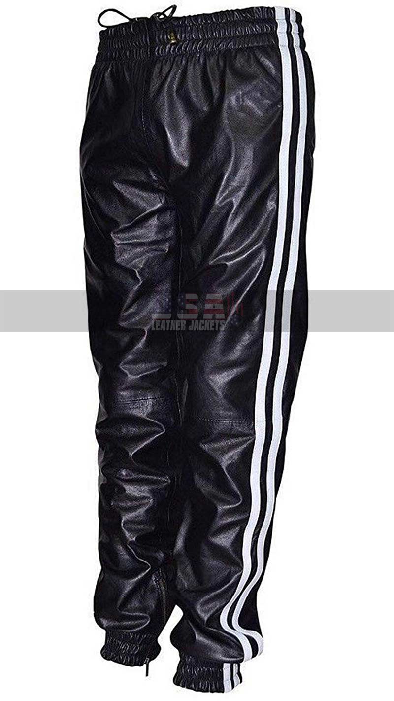 Sports Wear Jogging Track Pants Bottom Case Black & White Stripe Men's Leather Trousers