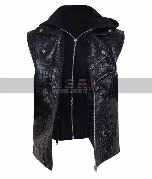 Wrestler AJ Styles Crocodile Black Biker Hooded Leather Vest