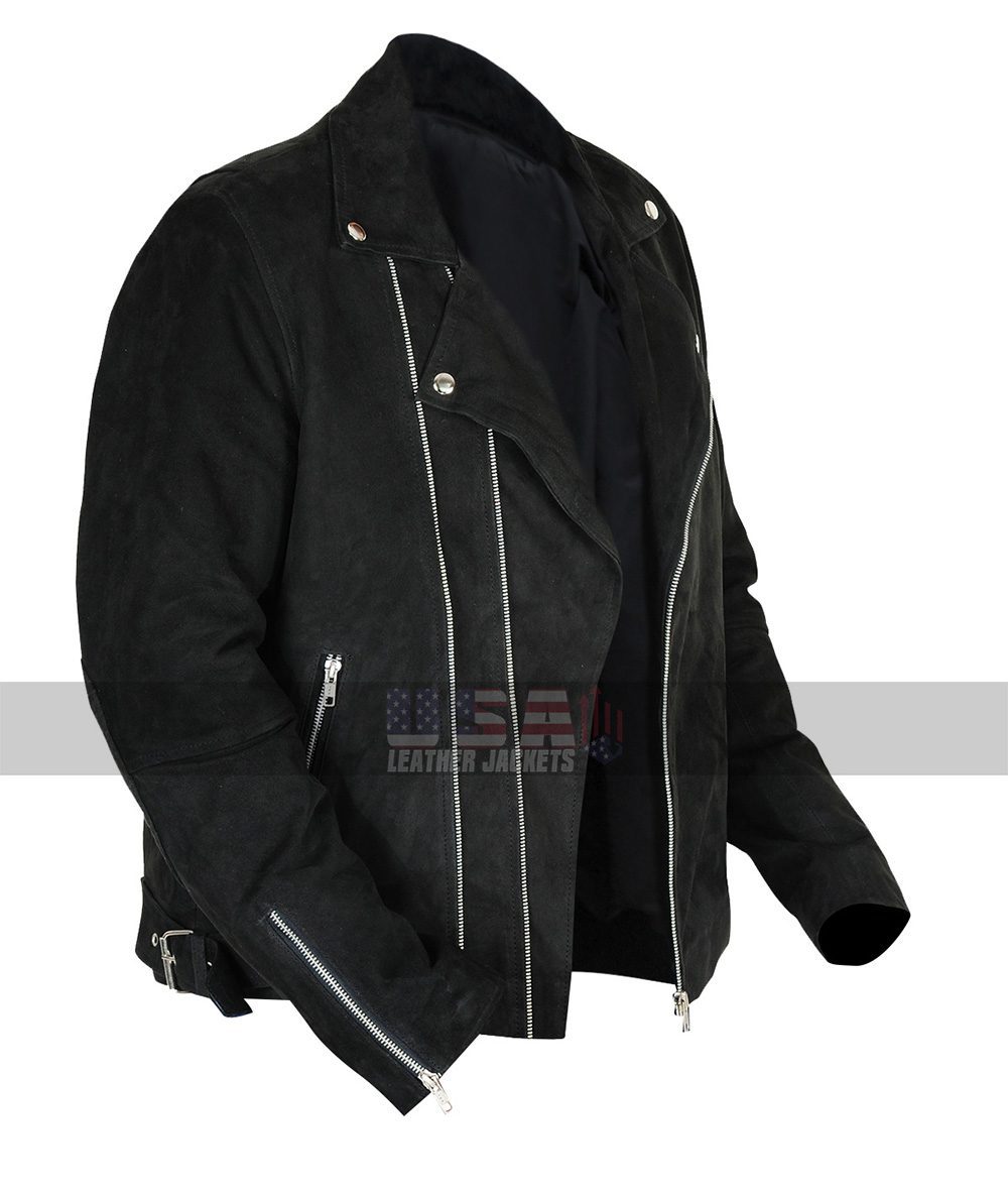 Mens Brando Biker Unique Style Black Suede Leather Jacket