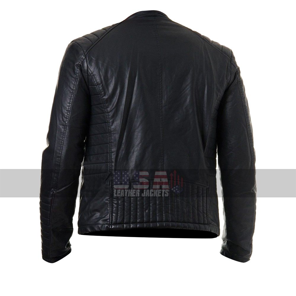 Mens Slim Fit Cafe Racer Quilted Black Biker Leather Jacket