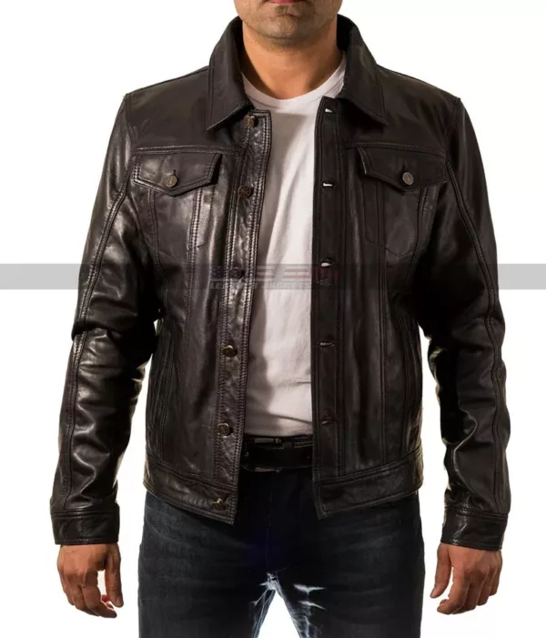 Men Casual Cafe Racer Black Trucker Tan Leather Jacket 