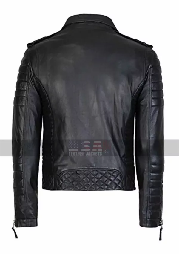 Mens Brando Biker Style Quilted Black Motorcycle Leather Jacket