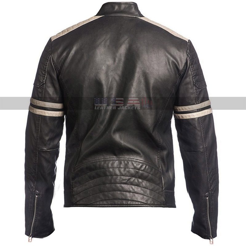 Cafe Racer Retro Hybrid Mayhem Motorcycle White Stripes Black Biker Leather Jacket