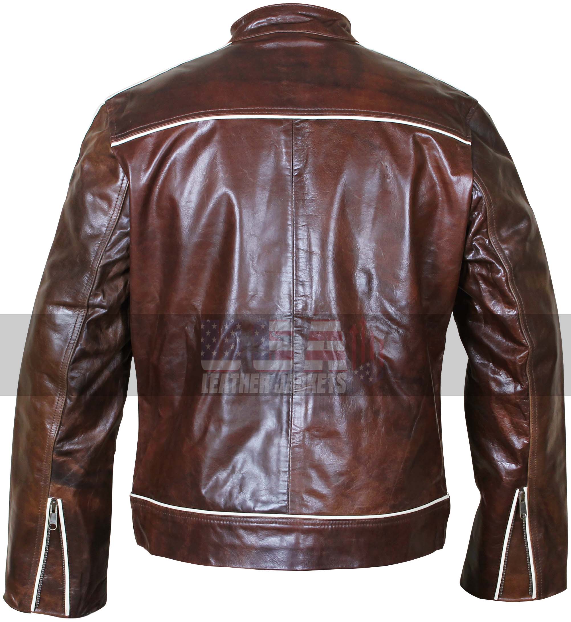 Vintage Copper White Stripes Classic Biker Brown Leather Jacket