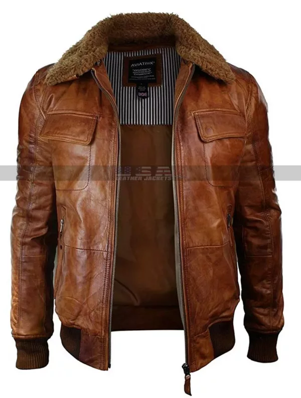 Vintage Mens B3 Washed Rust Removable Fur Collar Aviator Pilot Leather Jacket
