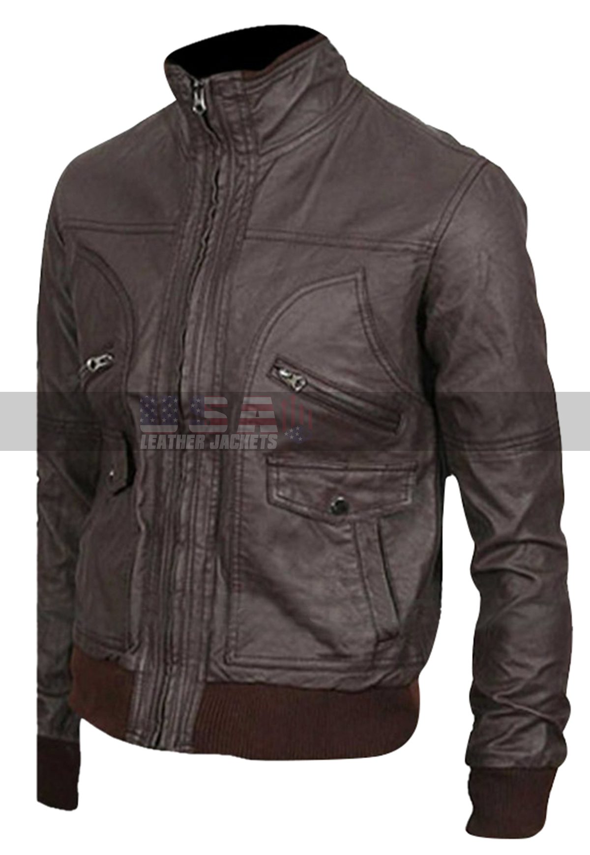 Slim Fit Men Dark Brown Bomber Leather Jacket