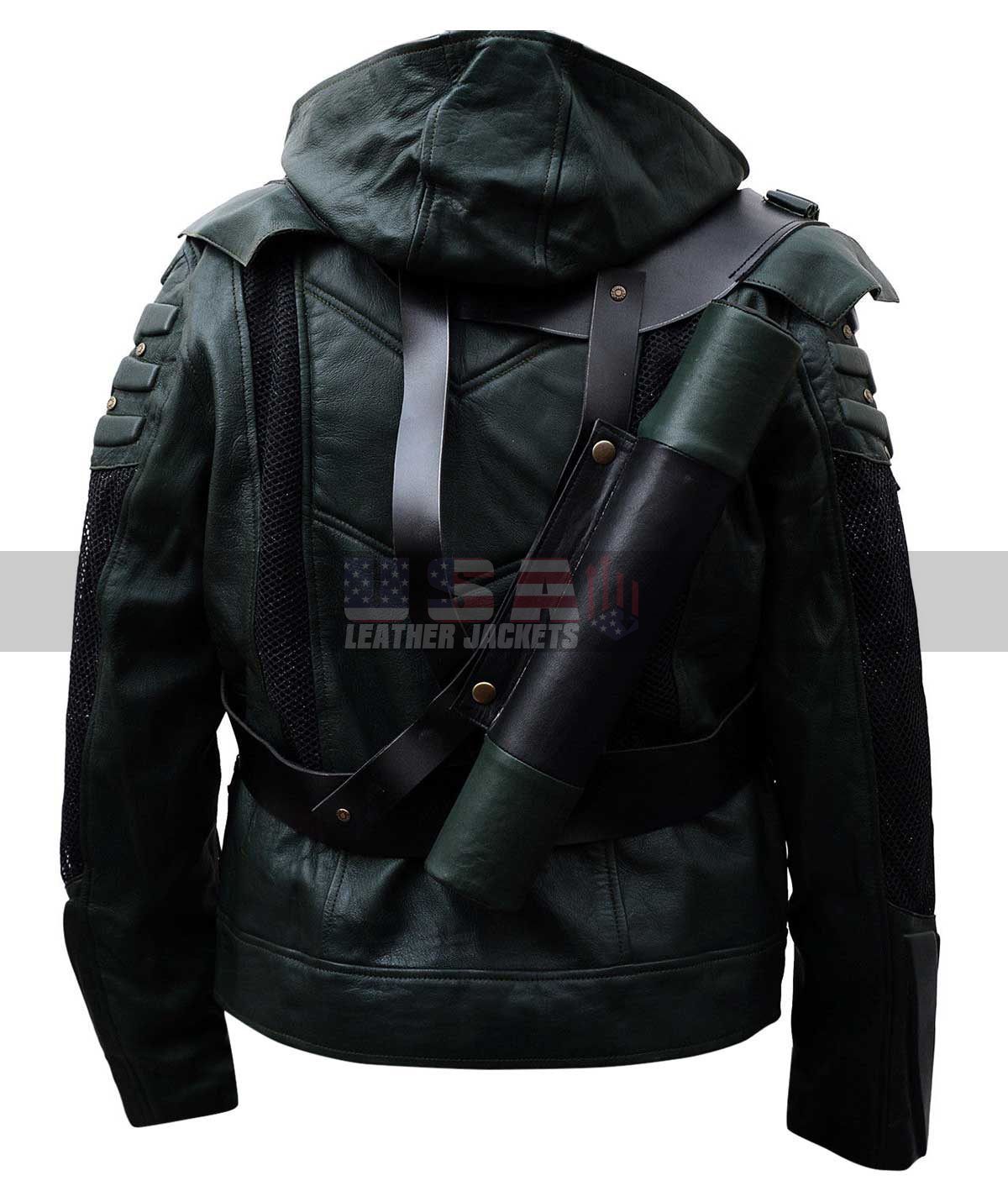 Green Arrow S5 Oliver Queen Costume Hooded Leather Jacket