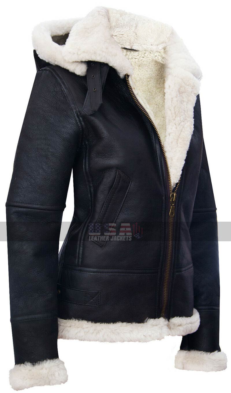 RAF Sheepskin Aviator Flying Pilot Hooded Women's B3 Black Leather Jacket