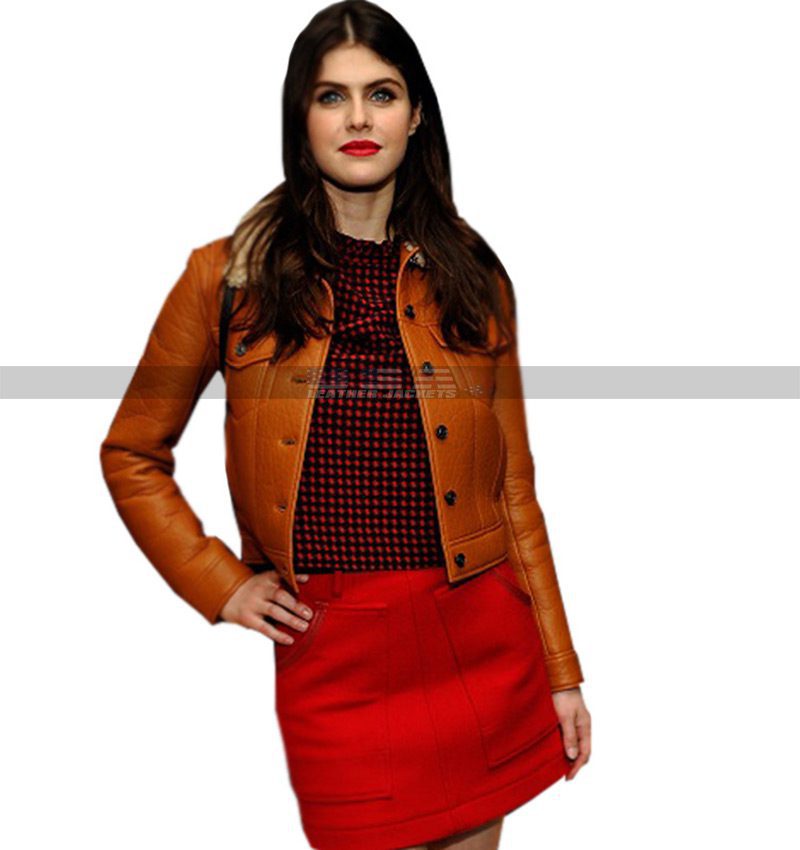 Alexandra Daddario Tan Brown Leather Jacket