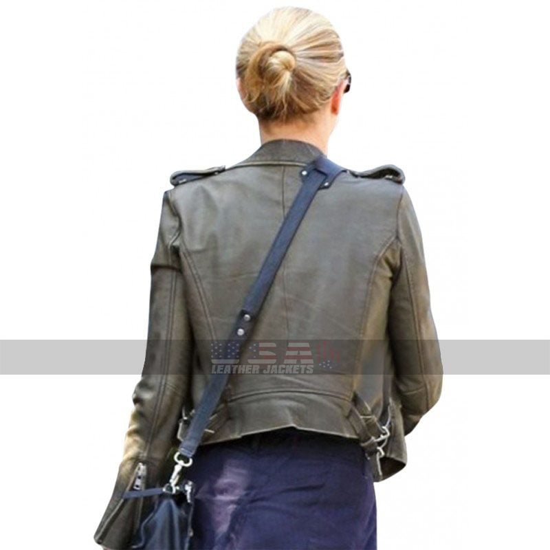 Women's Biker Costumes Anna Paquin Olive Green Short Leather Jacket
