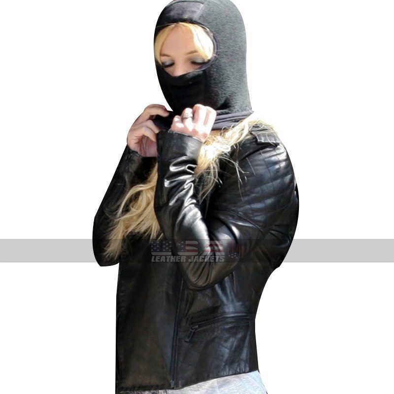 Britney Spears Biker Quilted Style Black Leather Jacket For Women's