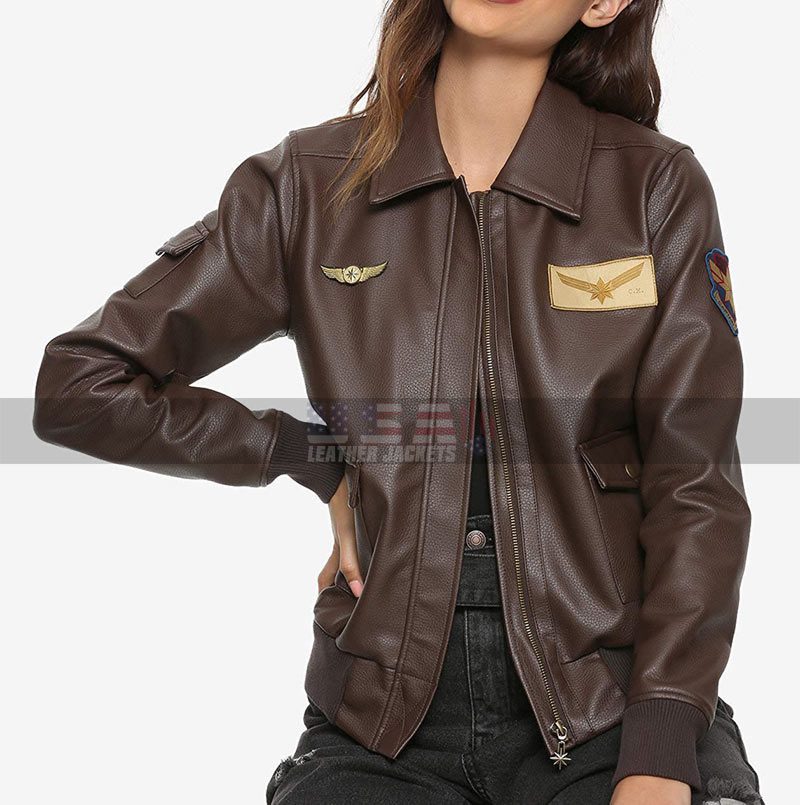 Aviator Captain Marvel Brown Leather Jacket