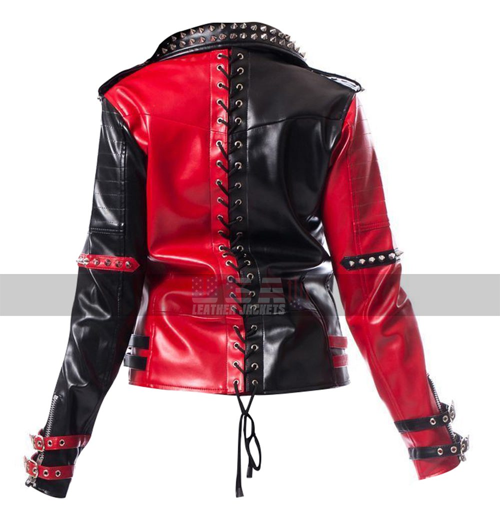 Heartless Asylum Harley Quinn Studded Red and Black Costume Biker Leather Jacket