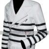 Katie Holmes Black Stripes Belted Biker White Leather Jacket