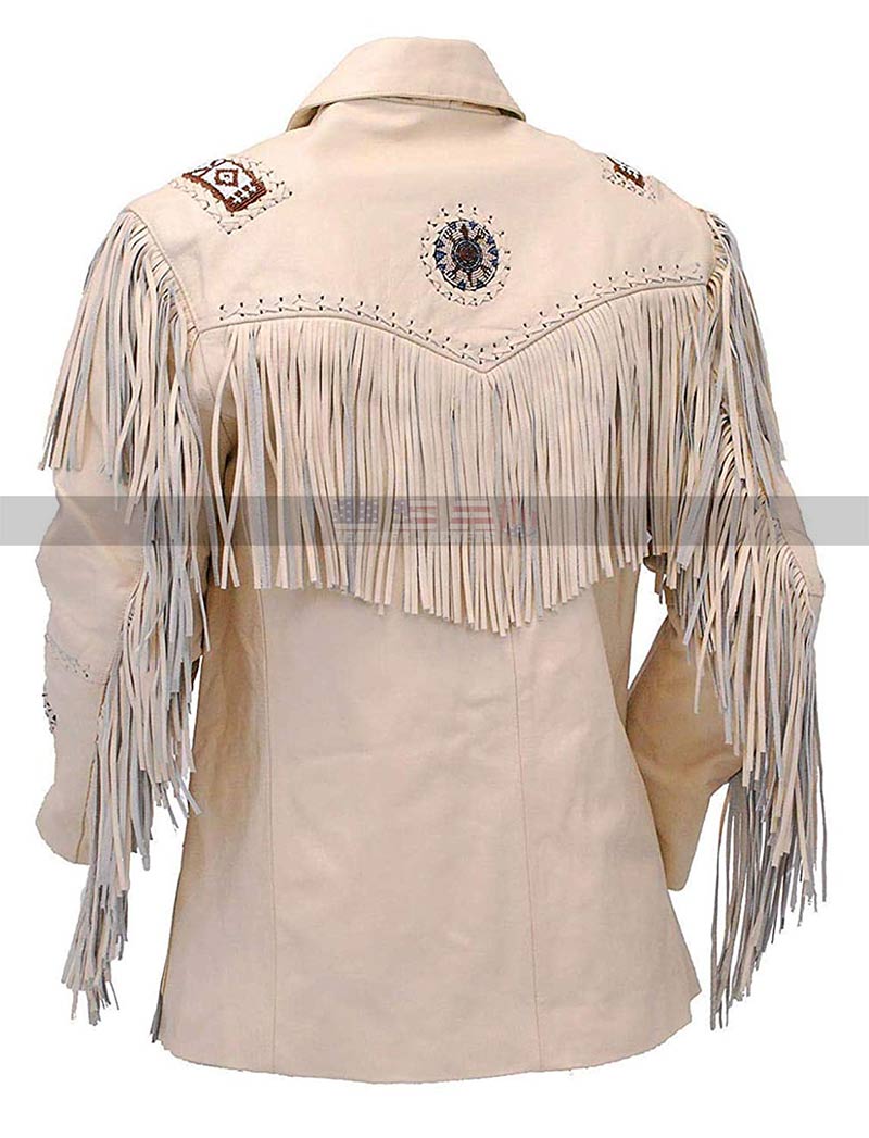 Women Western Coat Native American Cowgirl Cream Fringe Leather Jacket