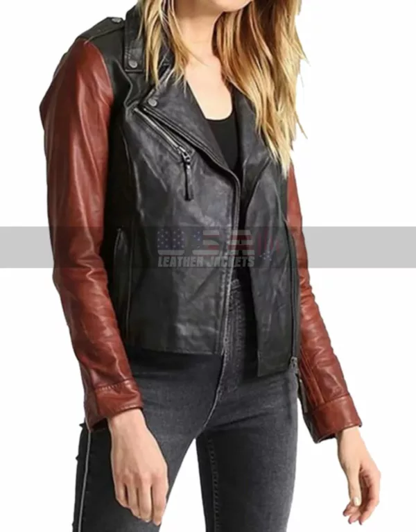 Ladies Slim Fit Biker Two Tone Asymmetrical Motorcycle Leather Jacket