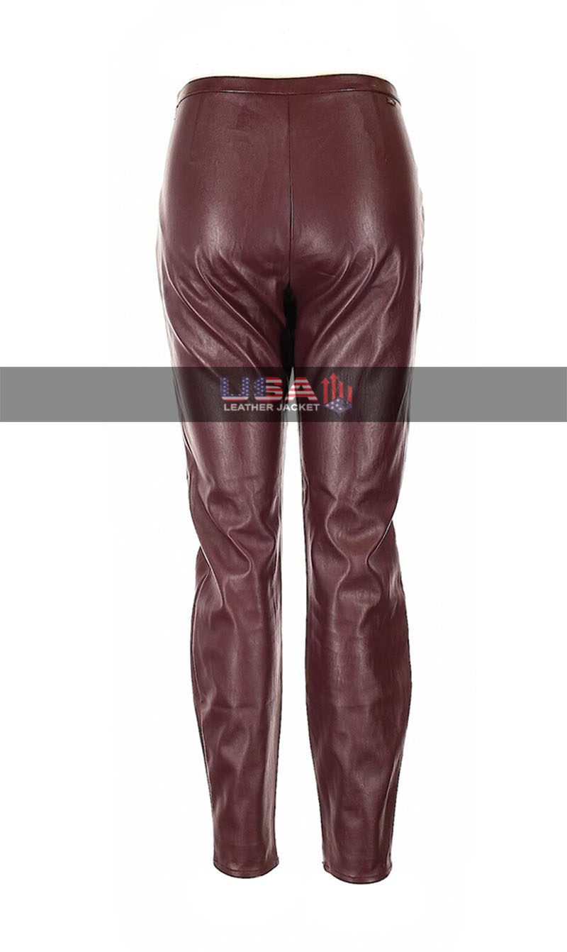 Women Straight Burgundy Leather Pants