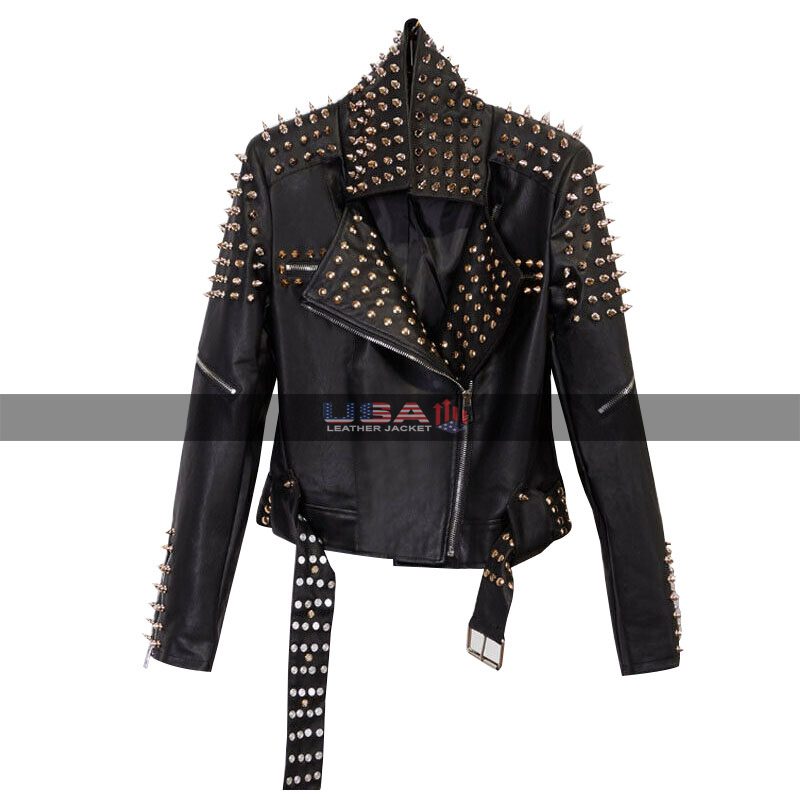 Women Punk With Spikes Studs Faux Leather Jacket 